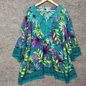 Catherines Plus Sz 2X Tunic Top Boho Green Floral Botanical Lace Trim Lagenlook